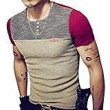 8sanlione Mens Casual Slim Fit Short-Sleeve/Long Sleeve Contrast Color T-Shirt(Medium,S_Red)