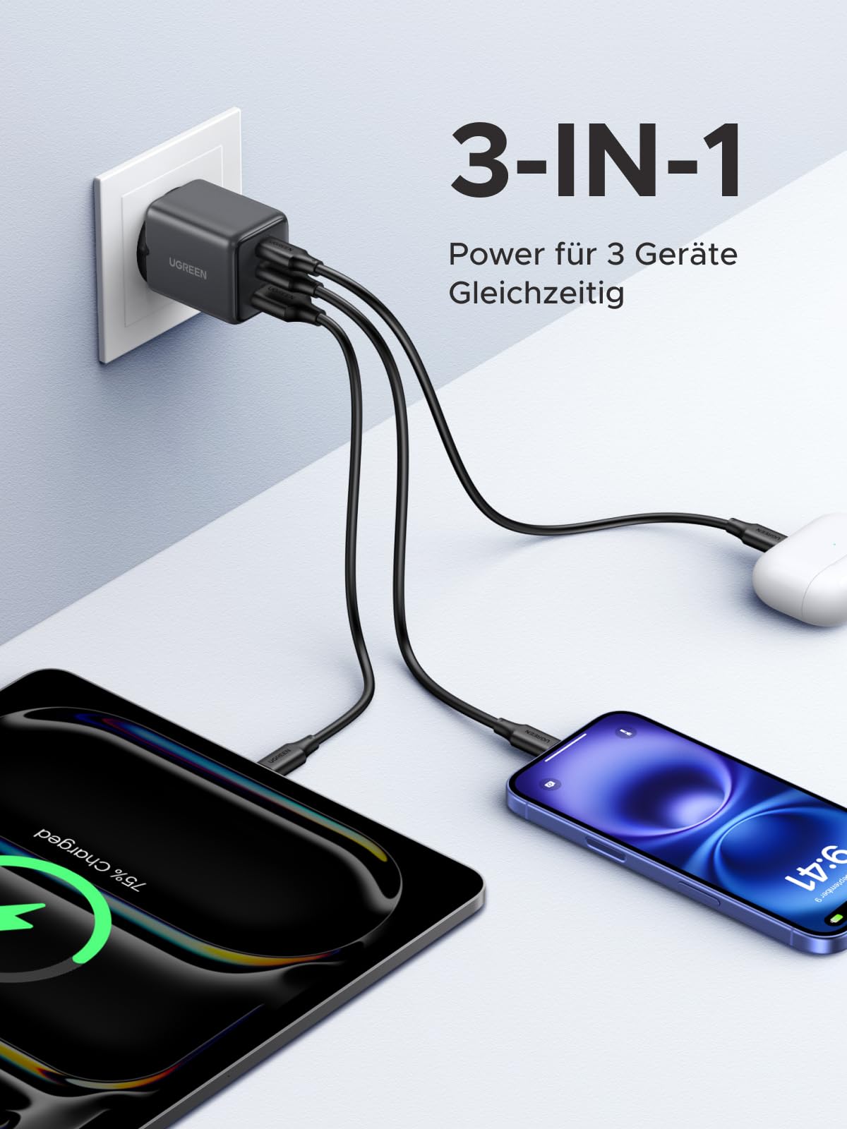 UGREEN USB C Ladegerät 30W 3-Port GaN II Netzteil PD Schnellladegerät Kompatibel mit iPhone 17, 17 Pro Max, Air, 16, 15, 14, 13, 12, iPad, Galaxy S25, S24, S23, Pixel 9 (Schwarz) 3