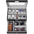 BEWISHOME Watch Box Organizer with Valet Drawer - Real Glass Top, Metal Hinge, Large Holder, Black PU Leather - 10 Slots Watch Storage Case Jewelry Box for Men SSH14B