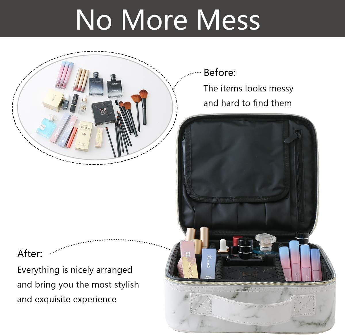 Gloriest Makeup Organizer Bag Travel Case Portable Cosmetic Storage Bag with Adjustable Dividers for Women Makeup Brush Tools Gadgets Gift, Marble White