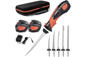 Pratuor Cordless Electric Fillet Knife - 5 Ti-Nitride Coated Non-Stick Blades, Ergonomic Non-Slip Grip Handle & Cooling Vent Stylish with Carry Bag ,Perfect Electric Knife for Effortless Fishing (Orange)