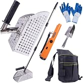 WodGod Sand Scoop for Metal Detecting, Heavy Duty Stainless Steel Sand Scoop with Long Handle,Includes 1 Metal Detector Pinpointer,1 Shovel,1 Carry Bag,One Pair of Gloves