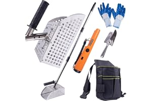 WodGod Sand Scoop for Metal Detecting, Heavy Duty Stainless Steel Sand Scoop with Long Handle,Includes 1 Metal Detector Pinpointer,1 Shovel,1 Carry Bag,One Pair of Gloves