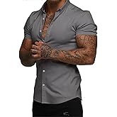 JMIERR Men's Muscle Fit Button Down Shirts Summer Casual Short Sleeve High Stretch Wrinkle-Free Shirt