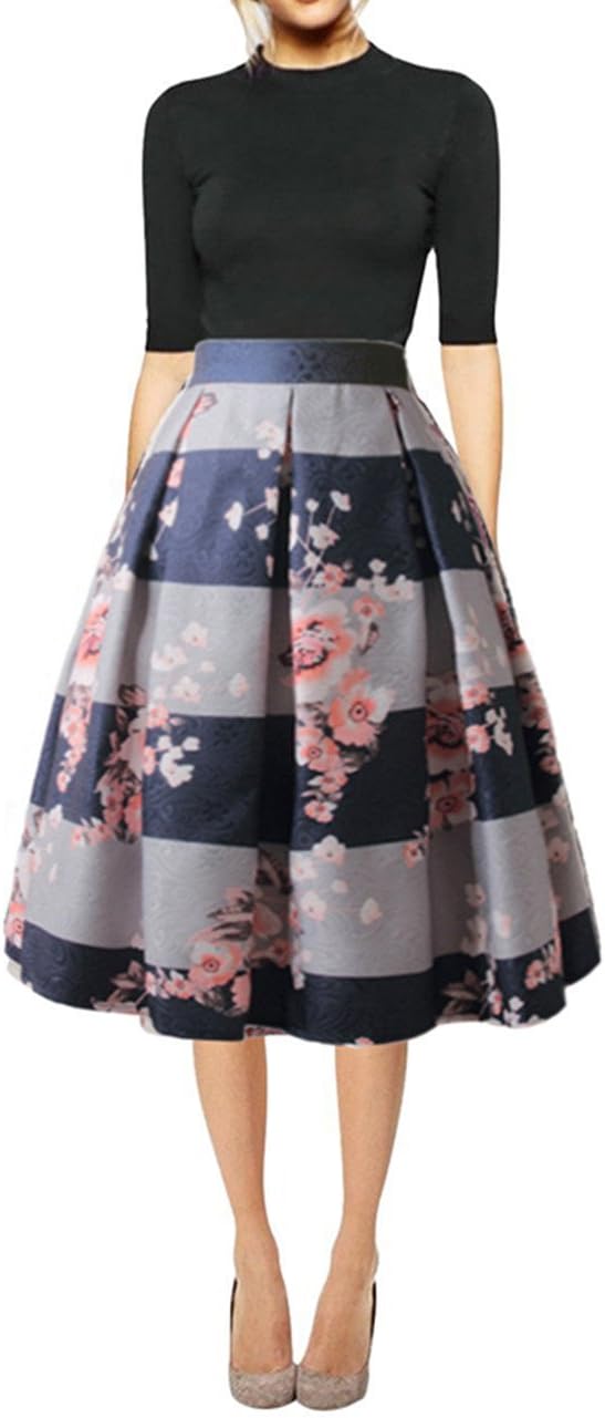 Hanlolo Women's Floral Midi Skirts High Waisted A-Line Cocktail Party Prom Skirt