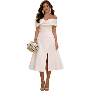 Tea-Length Wedding Dresses for Bride A-Line Satin Midi Bridal Gowns for Reception Beach Weddings WS004