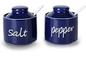ONTUBE Farmhouse 8oz Pepper and Salt Bowls with Lid and Spoon, Ceramics Condiment Pots,Seasoning Jar Spice Container for Kitchen,Dishwasher Safe (Navy)