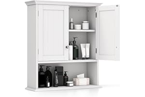 Wall Mounted Bathroom Cabinet with Double Doors & Open Shelf, Adjustable Storage, Magnetic Catch, MDF Wood Organizer for Bath