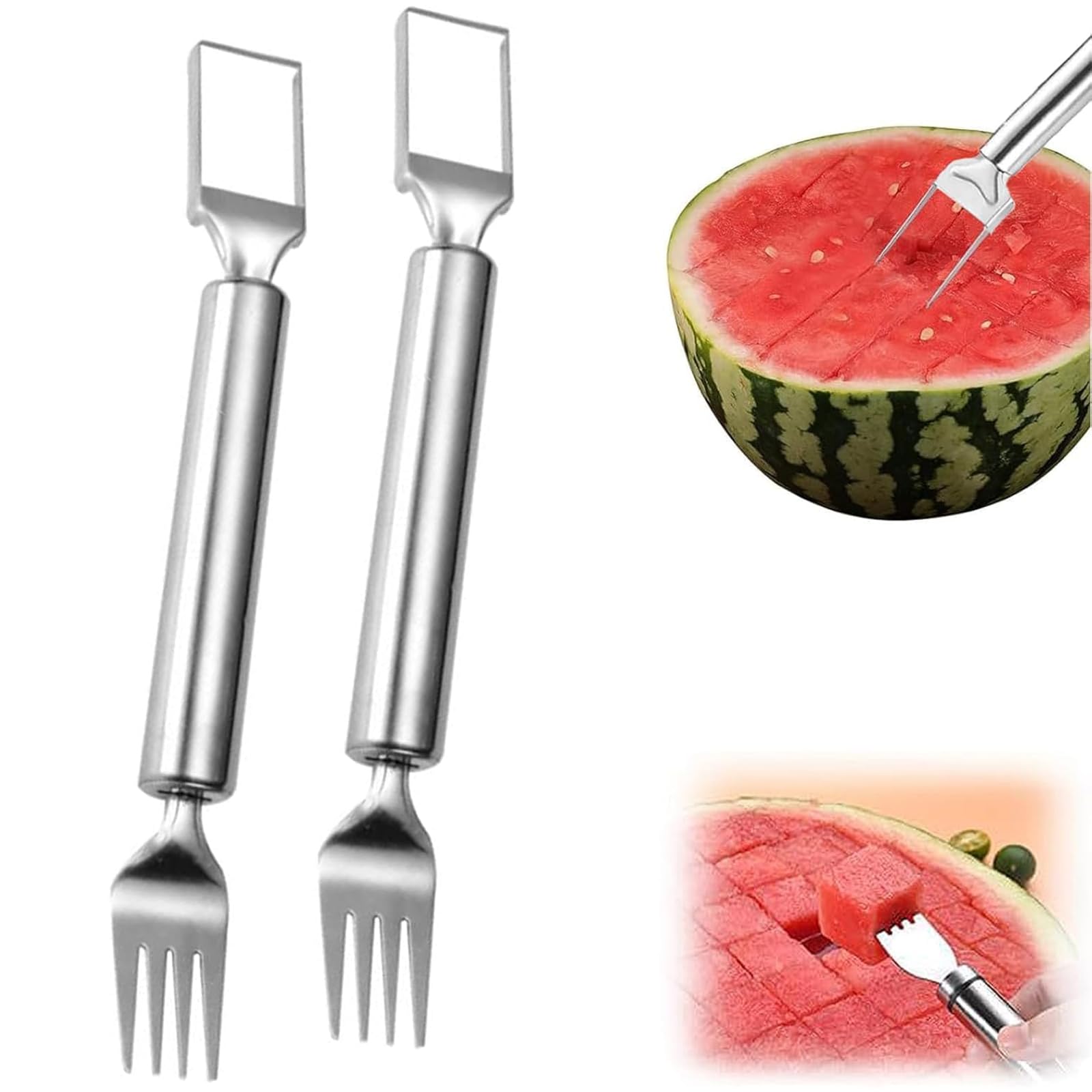 Photo 1 of 2Pcs Watermelon Fork Slicer Cutter, 2-in-1 Stainless Steel Fruit Cutter, Watermelon Cutter?New Upgrade Dual Head Watermelon Fork Slicer Tool, Summer Fruit Cutting Home Kitchen Gadgets.