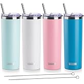 koodee 20 oz Stainless Steel Skinny Tumblers (4 Pack) Double Wall Insulated Water Tumbler Cup with Straw, Lids and Straw Brushes (Baby blue/White/Pink/Sky Blue)