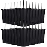24 Pack Plastic Tumblers with Lids and Straw, Reusable Cups with Lids and Straws Colorful Cups for Cold Drink Iced Coffee, Plastic Tumbler Bulk for Party Birthday Gifts (24 oz, Stylish Colors-Black)