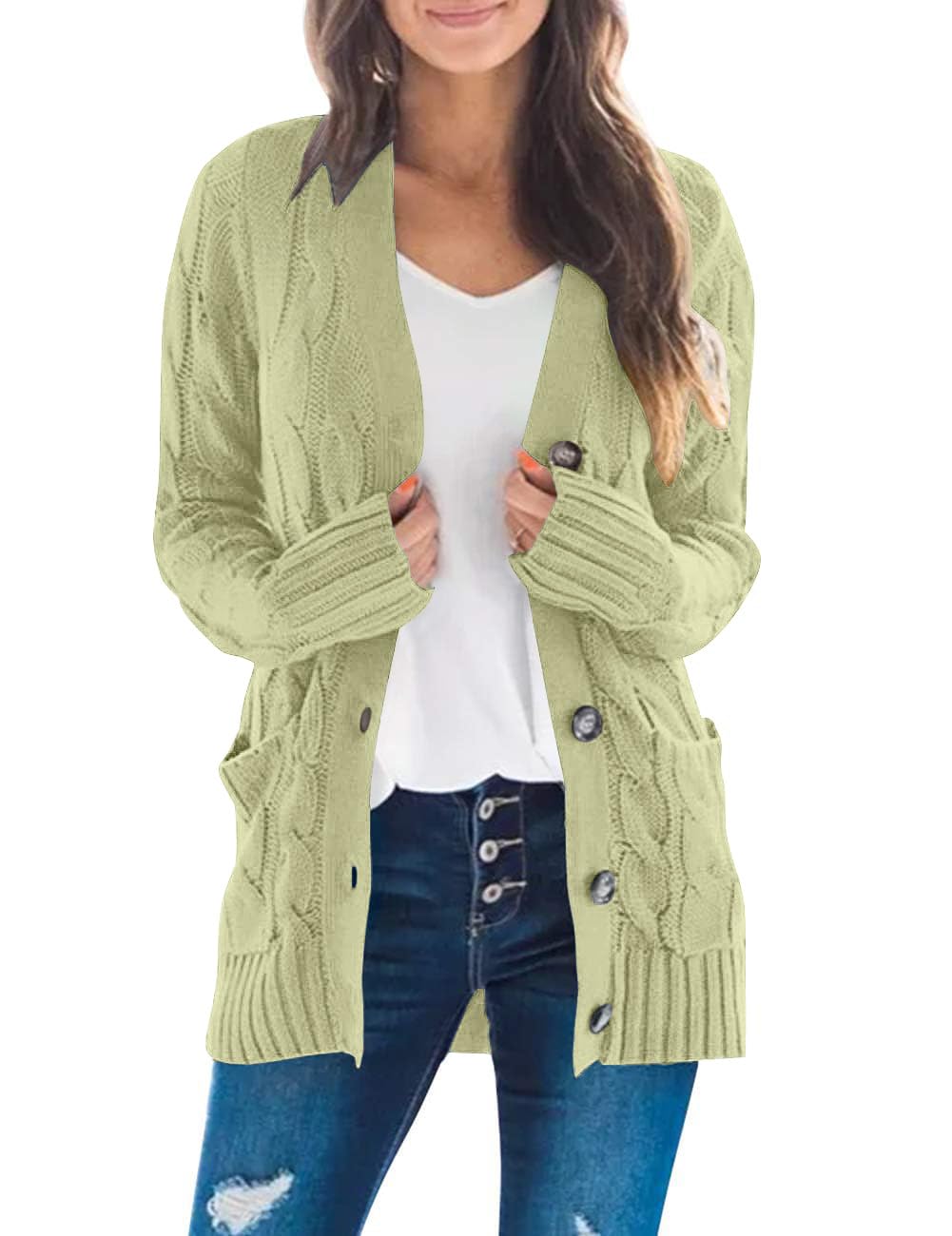 MEROKEETY Women's 2025 Fall Long Sleeve Cable Knit Sweater Open Front Cardigan Button Loose Outerwear, LightGreen, XX-Large Image