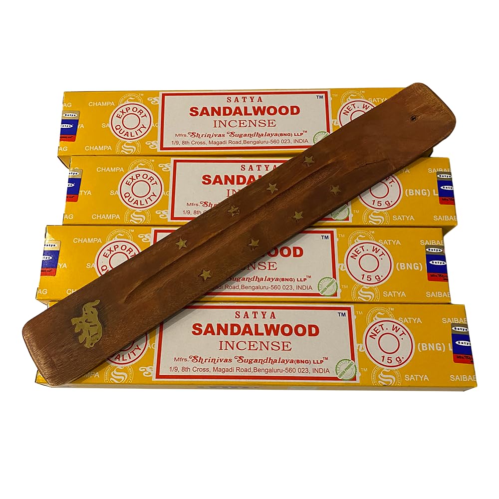VIE Satya Incense Sticks, 4 Packs x 15g, with Incense Holder, Sandalwood