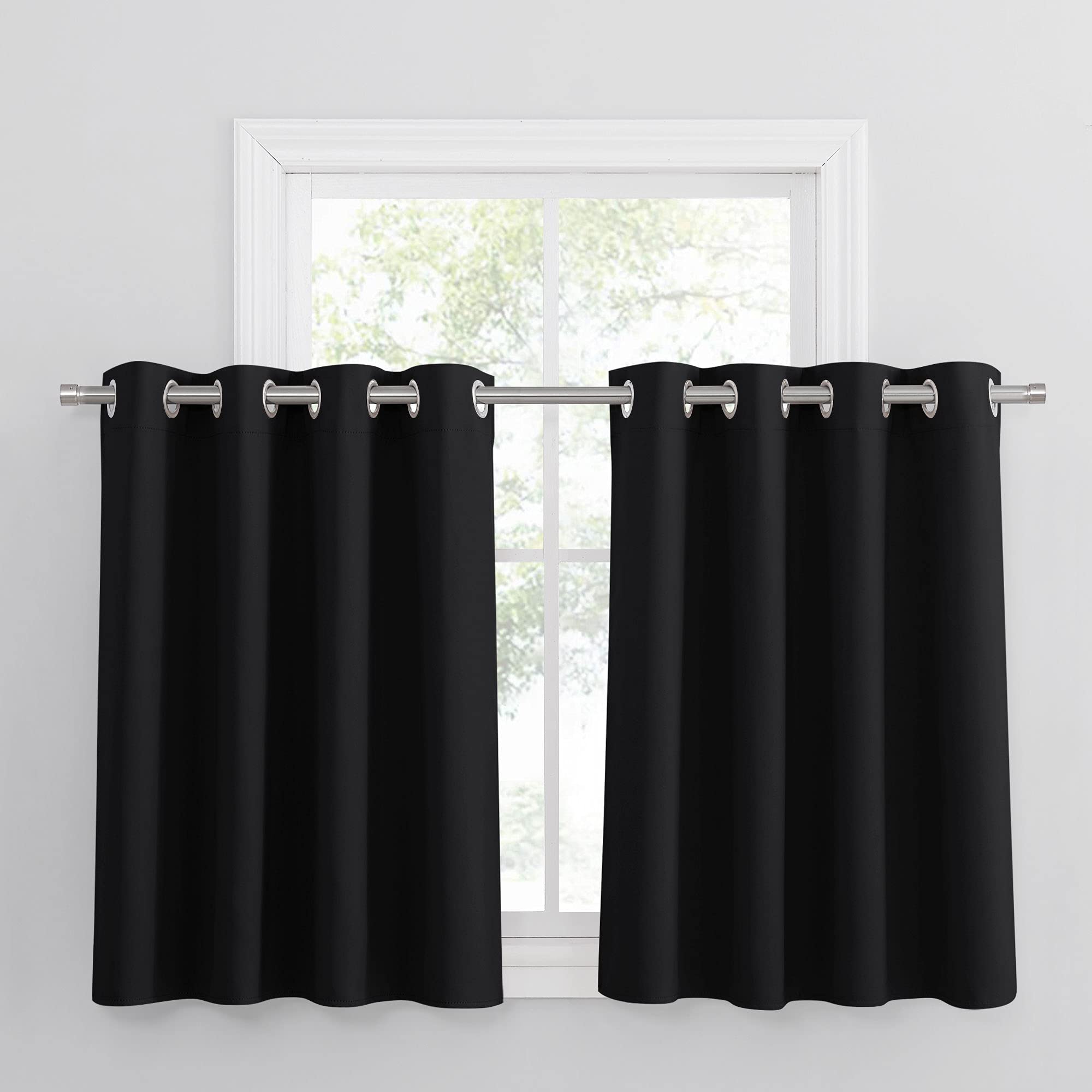PONY DANCE Black Blackout Short Curtains with Eyelet for Kitchen - Thermal Insulated Curtain & Drapes Tiers for Home Decorative, Small Window Treatments for Bedroom, W 52 x L 36 Inch, 2 Pieces