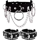 Tosmifairy 3 Pcs Women's Soft Leather Choker Necklace and Bracelets Wristbands Set, Cool Punk Goth Emo Accessories for Rocker Man