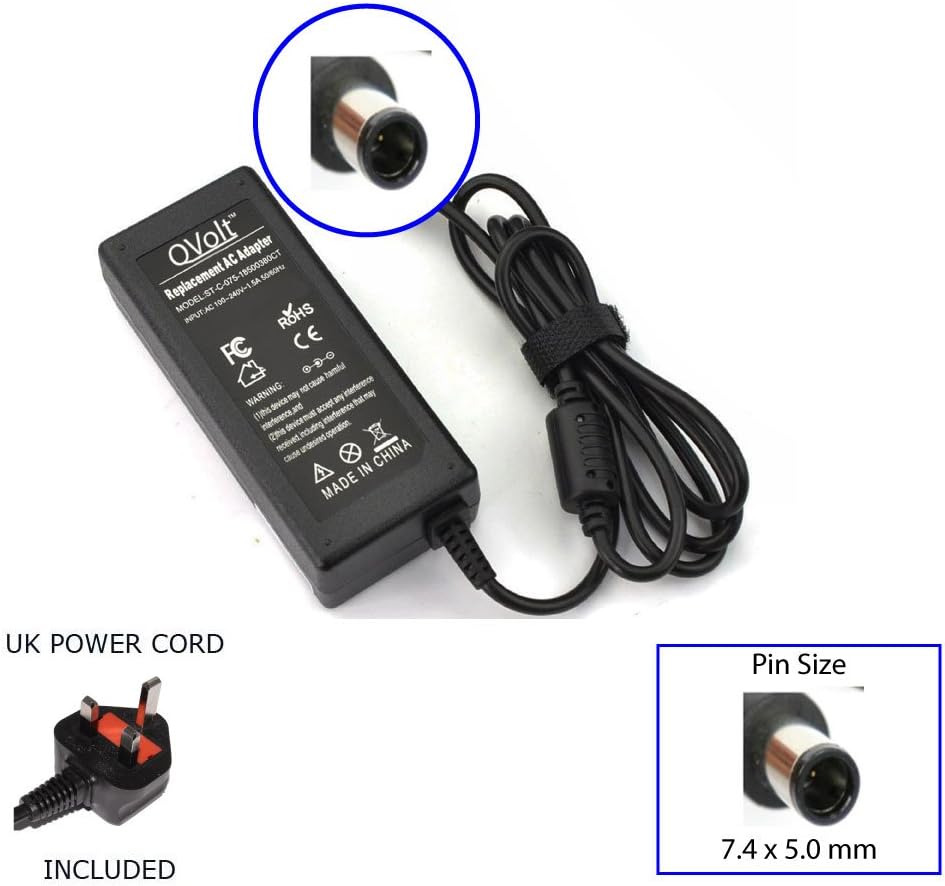 QVolt® Compatible Laptop Charger for: HP Pavilion G4 G6 G7 G42 G60 G61 G62 G70 G72 DV4 DV5 DV6 (All Models-All Series); Envy m6 | AC Adapter Power Supply PSU | 18.5V 3.5A 65W | with UK Power Cable