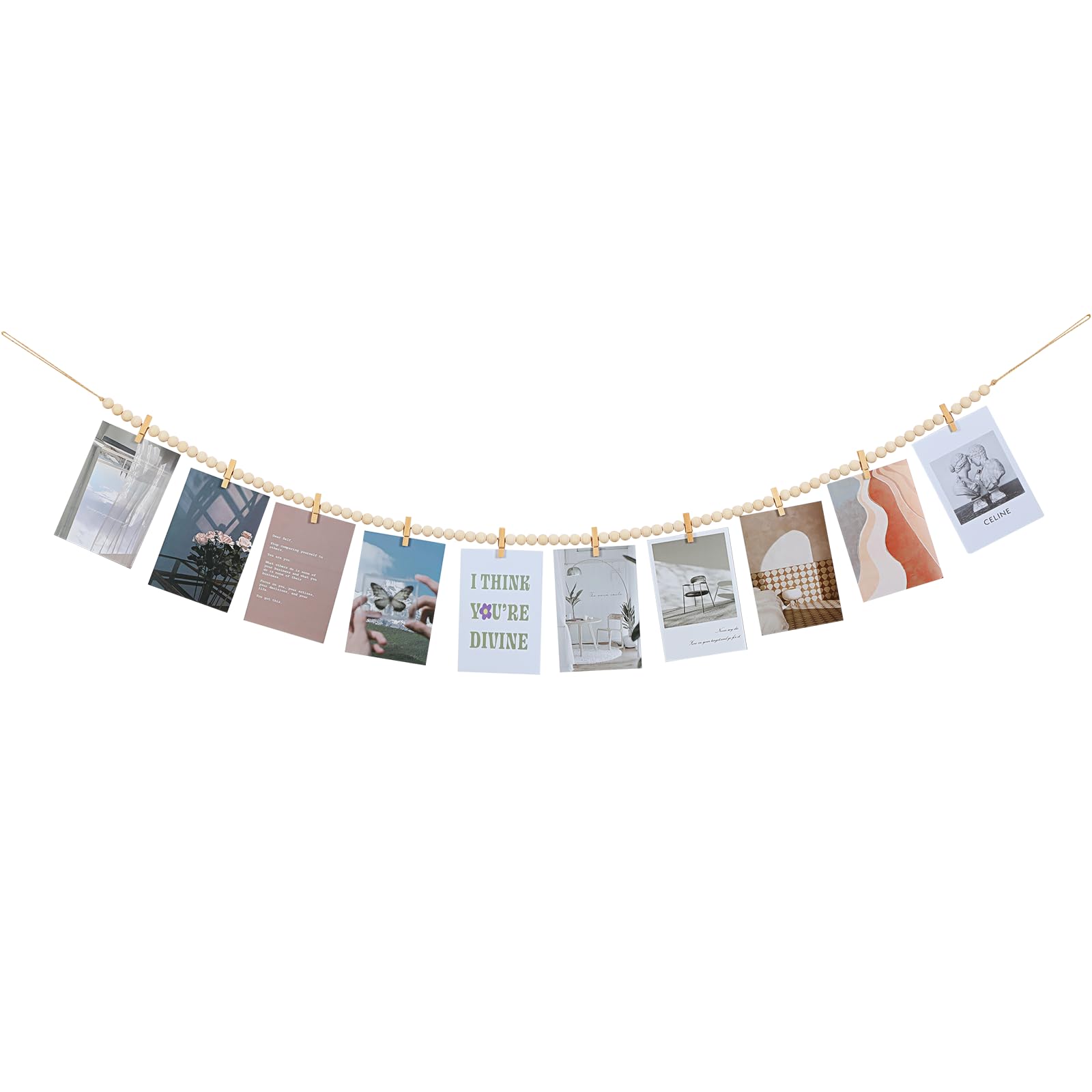 Photo 1 of KLOGTSIND Hanging Photo Display with Clips, Boho Wooden Bead Garland Collage Picture Frame Wall Decor, Photo String with 10 Clips for Bedroom Room Dorm Cubicle Decor, Christmas Teen Girls Gifts