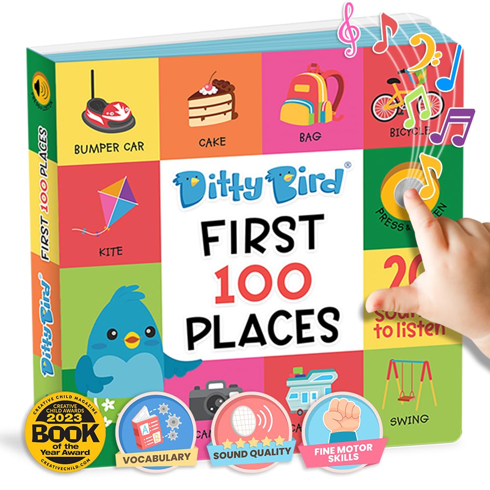 Ditty Bird Talking Books 100 Places | 100 Words for Vocabulary & Speech Learning | Board Books for Toddlers 1-3 | Children's Interactive Toddler Books with Great Pictures | Sturdy Baby Sound Books