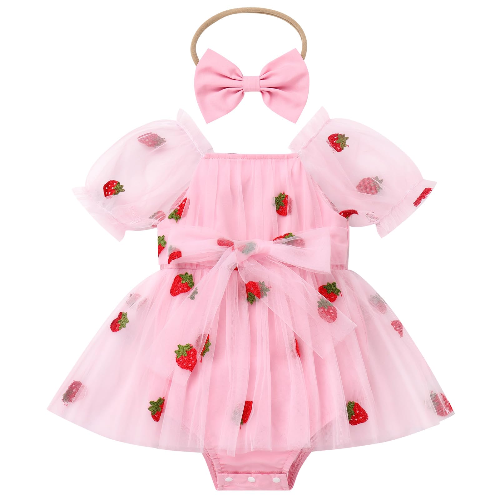 Photo 1 of Baby Girls Strawberry Dress Berry 1st First Birthday Party Cake Smash Outfit Toddler Princess Tutu Tulle Fairy Dress Newborn Romper Short Sleeve Jumpsuit Baby Girl's Summer Clothes Pink 6-12 Months