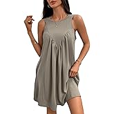 ALSOGO Women's Sleeveless Mini Dress Casual Loose Crew Neck Ruffled Tank Sundress Flowy Beach Vacation Dress with Pockets