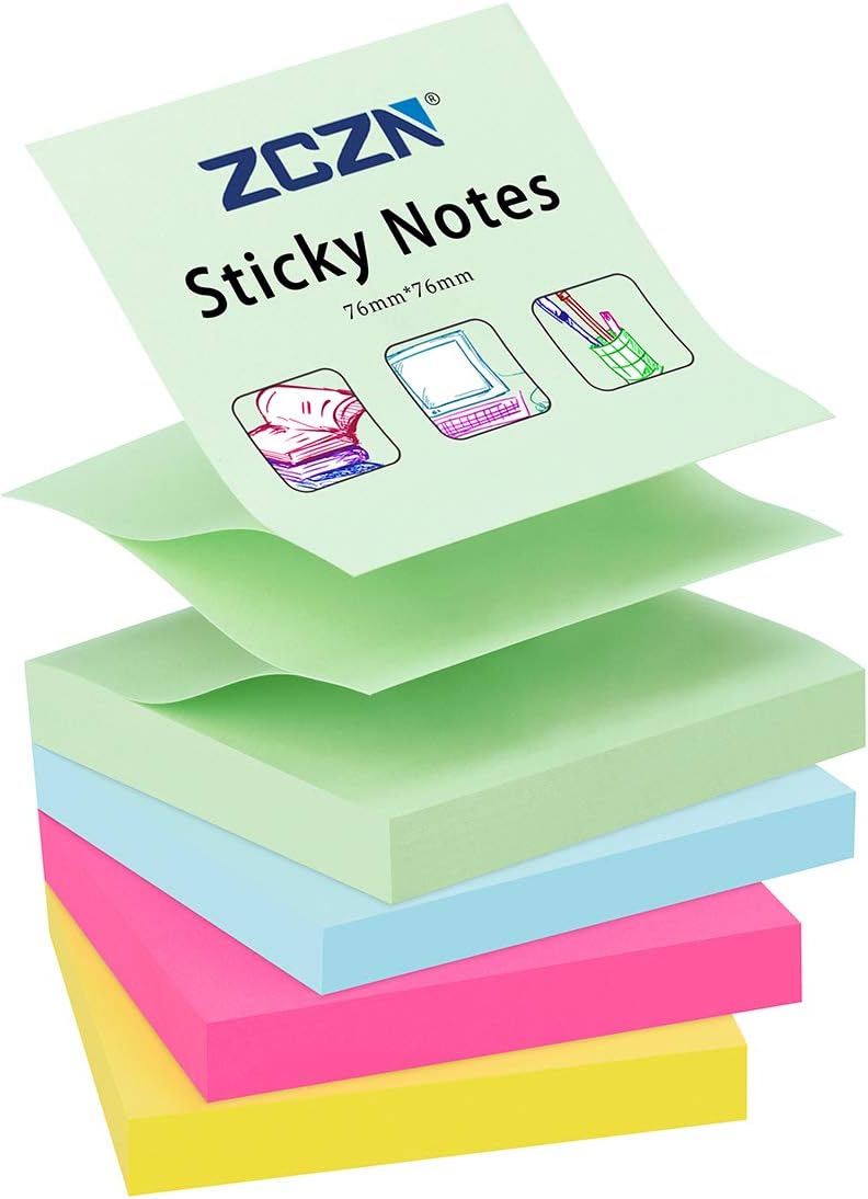 ZCZN Pop-up Sticky Notes 76 x 76 mm, 4 Pads Assorted Colours Self-Stick Notes, 100 Sheets/Pad (Rose Red,Yellow,Light Green,Light Blue)