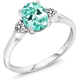 Gem Stone King 1.32 Ct Oval Blue Apatite White Diamond 10K White Gold Ring