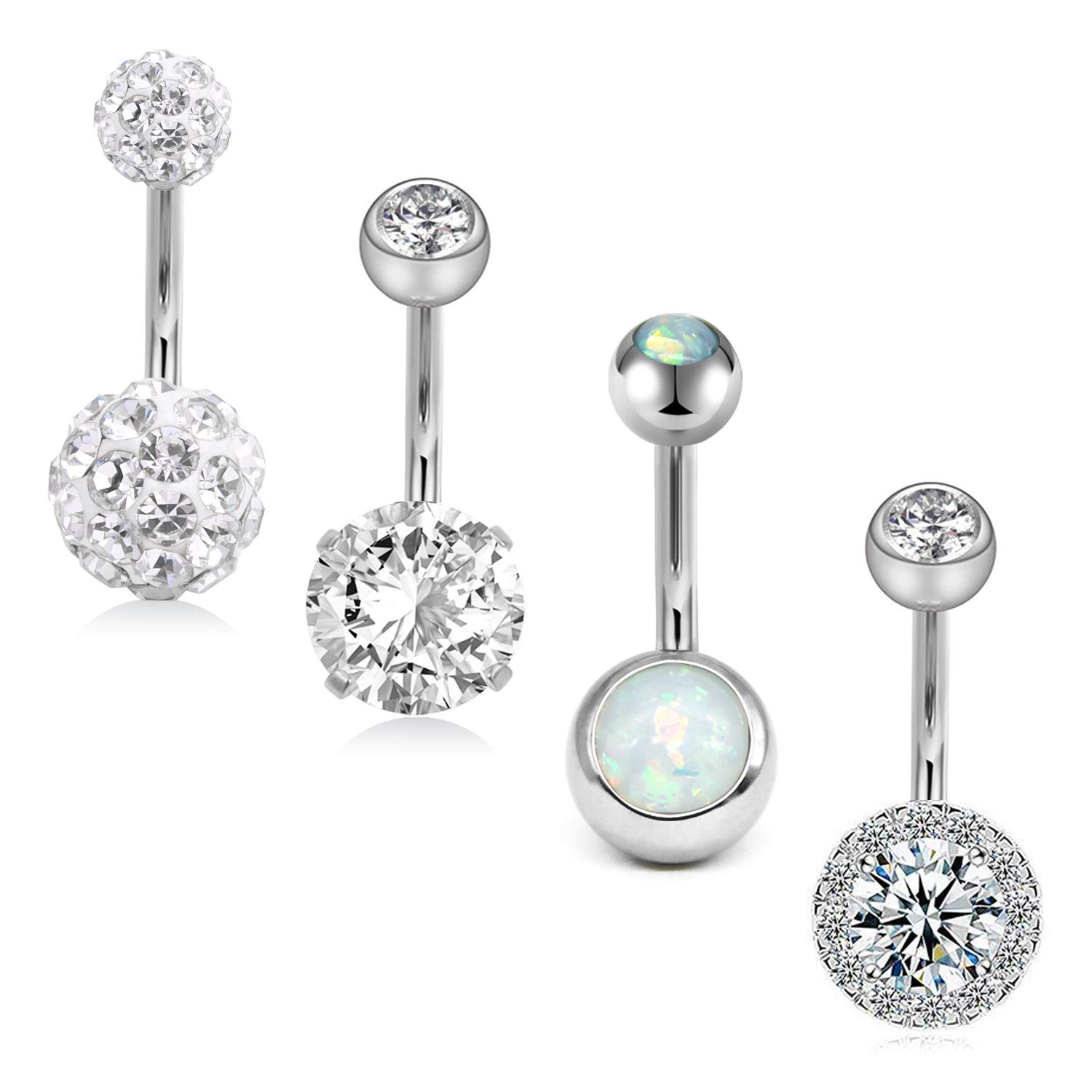 FECTAS Pack of 4 Belly Button Ring Set Stainless Steel 14 Gauge Navel Barbell 10mm Bars Piercing Jewellery