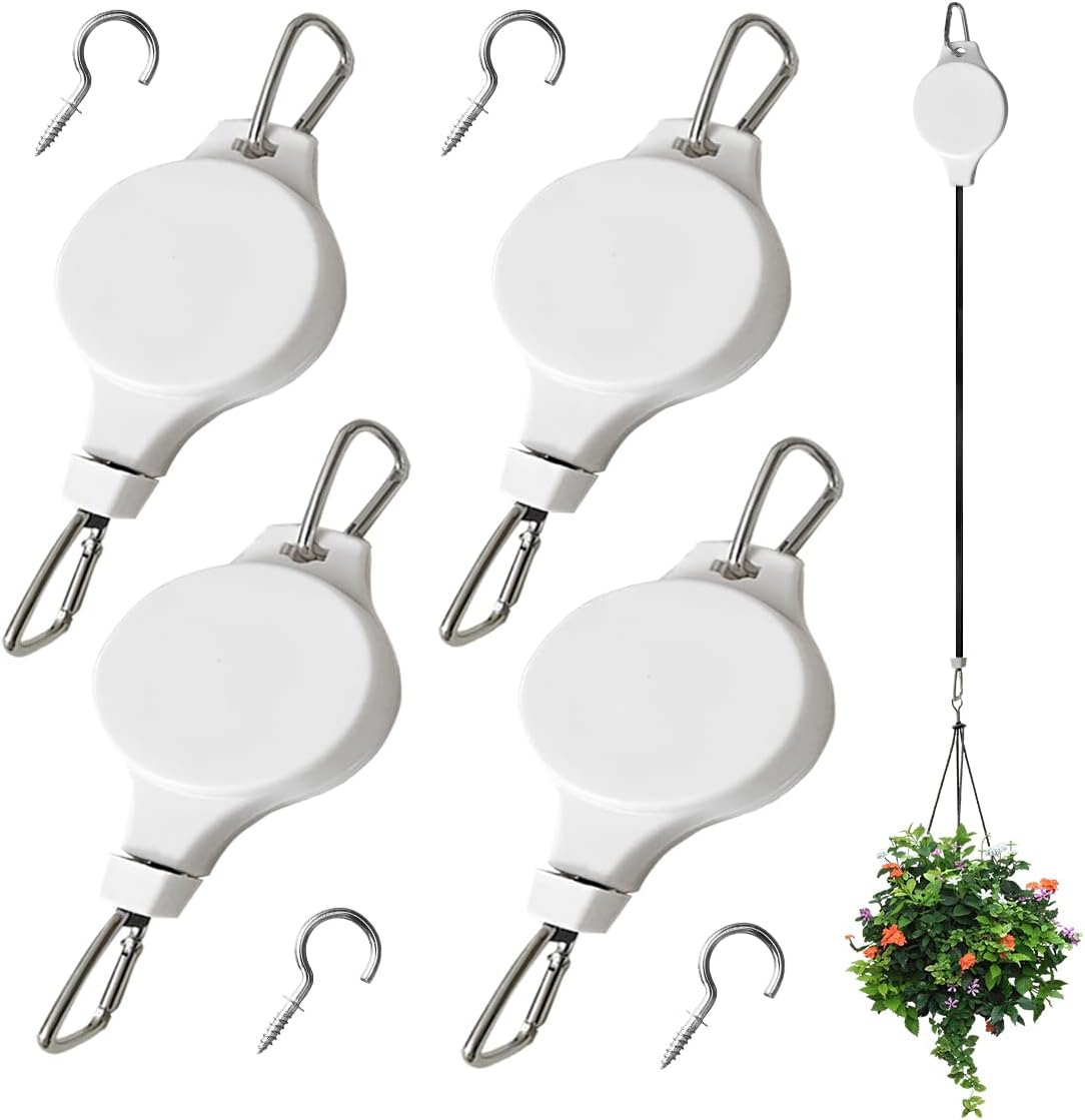 Outdoor Hanging Brackets - EAEDMY 4 Pack Retractable Plant Pulley Adjustable Hanging Flower Basket Hooks for Hanging Plants Heavy Duty, Indoor Outdoor Plant Hanger for Garden Baskets Pots & Birds Feeder - White(4, Buckle Type)