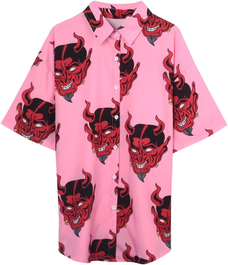 Focal20 Harajuku Demon Print Summer Women Blouse Punk Gothic Casual Loose Short Sleeve Shirt Tops Female