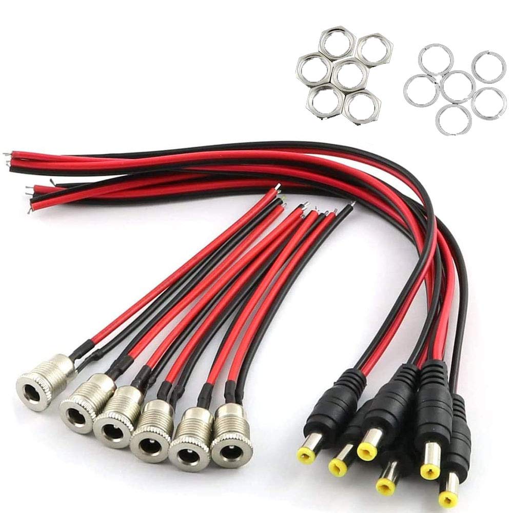 RUNCCI-YUN 6pcs 18AWG 12V 5A DC Power Connector 5.5 x 2.1mm Jack Socket Threaded Female Adapter with Cable+ 6pcs 5.5 x 2.1mm DC Male Barrel Socket Jack Plug with Wire