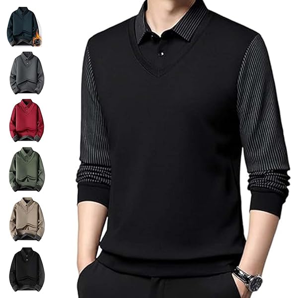 Men's Lapel Faux Two-Piece Warm Top, Men Long Sleeve Faux 2