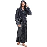 Mens Plush Plaid Hooded Robe, Full Length Fleece Big and Tall Bathrobe with Hood(Grey, S/M)