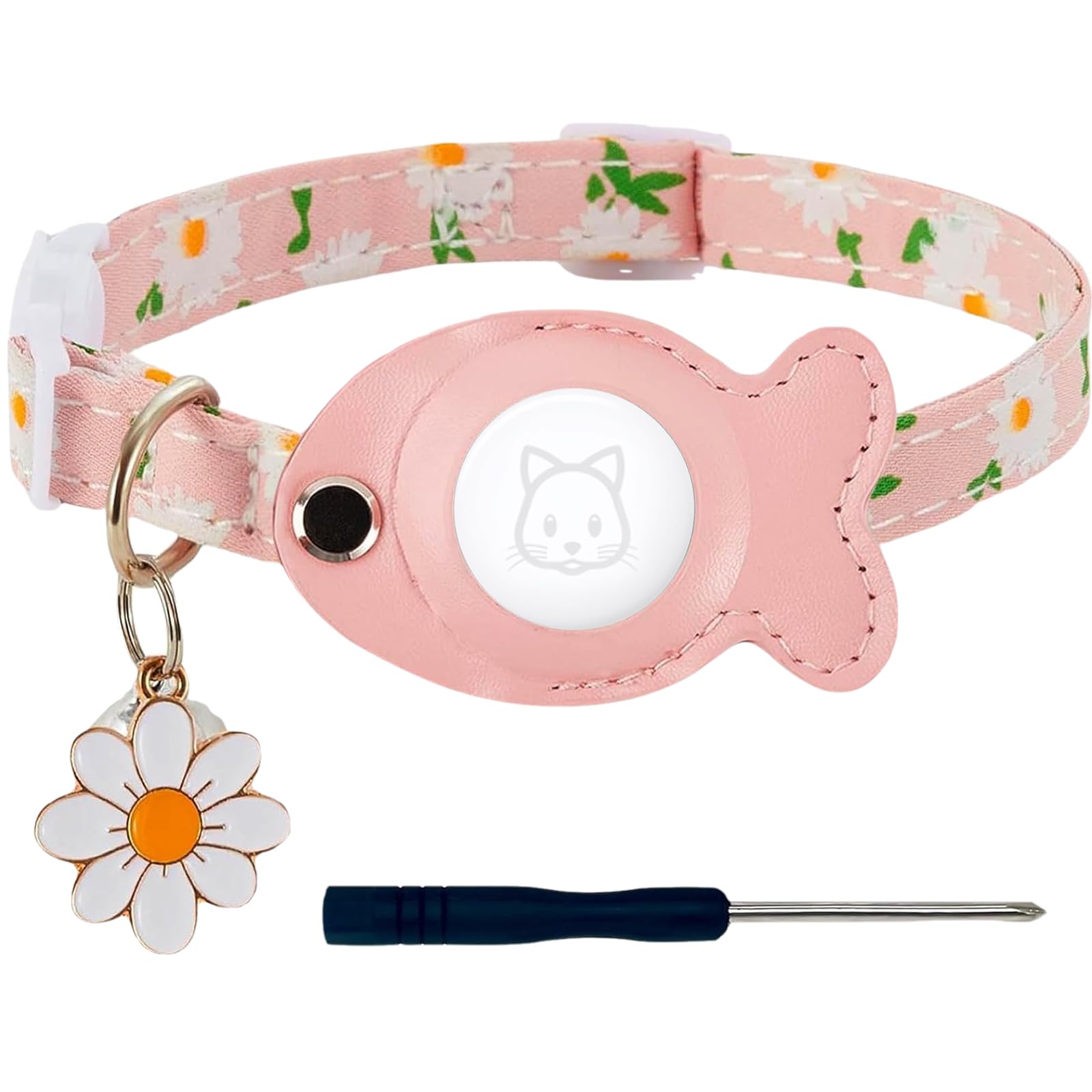 Photo 1 of ***HEAVILY USED (DIRTY)*** Cat Collar for Airtag, Breakaway GPS Tracker Kitten Collar with Airtag Holder and Bells for Girl Boy Cats Cute Personalized Cat Collar with Fish Adjustable Length (Pink)