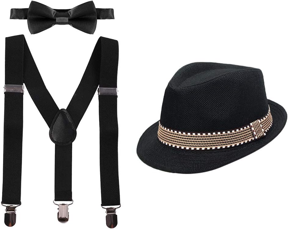 Odizli Kids Boys Suspenders and Bow Tie Set with Matched Hat Y-Back Adjustable Elastic 4 Strong Clips Braces 2-6 Years