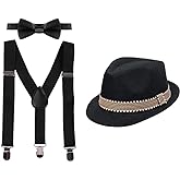 FYMNSI Kid Y-Back Adjustable Brace Suspender Pre-Tied Bowtie Short Trim Fedora Hat 3PCS Outfit for Boys/Girls 2-6T