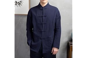 Men's Cotton Linen Kung Fu Shirt Chinese Traditional Tang Suit Tai Chi Blouse Long Sleeve Jacket Coats(L Navy)