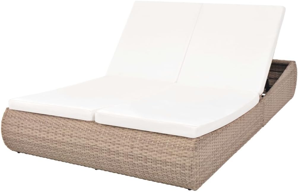 Baugger Outdoor Chaise Lounge 2 Person Wicker Patio Daybed Pool Sun Bed Poly Rattan Beige