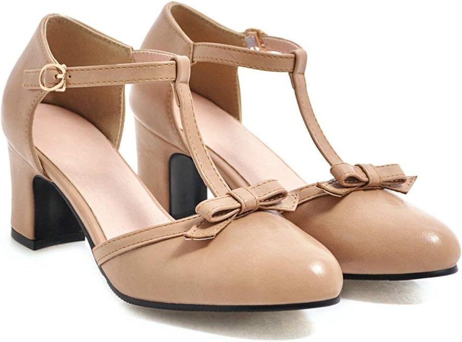 Amazon.com | Women's Round Toe T-Strap Bowknot Mid Chunky Heels Pumps Ladies Sweet Fashion Dress 