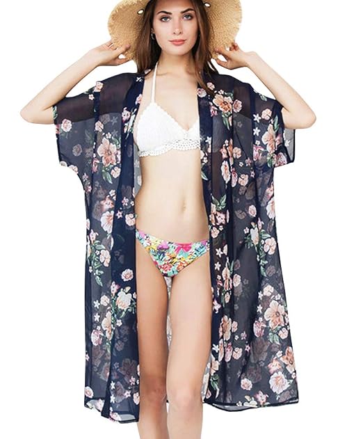 Gerinly Chiffon Floral Beach Cover Up Sheer Bikini Wrap For Seaside Holiday