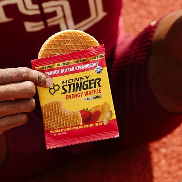 HONEY STINGER ORGANIC PEANUT BUTTER STRAWBERRY WAFFLE, ENERGY STROOPWAFEL FOR EXERCISE, ENDURANCE AND PERFORMANCE, SPORTS NUTRITION FOR HOME & GYM, PRE & DURING WORKOUT, 16.96 OUNCES (PACK OF 16)