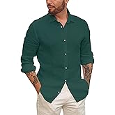 Mens Button Up Shirts Linen Beach Long Sleeve Casual Cotton Summer Lightweight Tops
