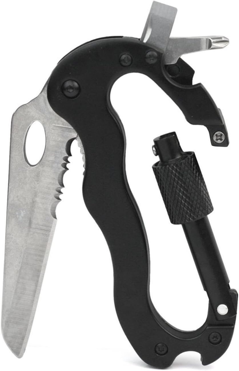 NIEGIENNA-EDC 5 in 1 Multifunction Tool Outdoor Survival Carabiner Hook Clip with Foldable Knife Screwdriver Bottle Opener Keychain for Camping Hiking Climbing(Black)