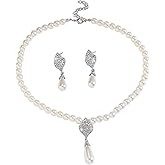 Bmpzery Pearl Necklace Set,Fake Pearl Necklace and Earring Set Accessories,White Bridal Pearls Jewelry Sets for Women,Gifts for Women Wedding Accessories Sets and Prom Party Outfit Decoration