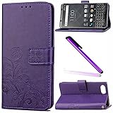 BlackBerry KEYone Mercury Case Cover EMAXELER Embossing Colour Stylish Wallet Cover Kickstand Credit Cards Slot Cash Pockets PU Leather Flip For BlackBerry KEYone Mercury Clover Purple