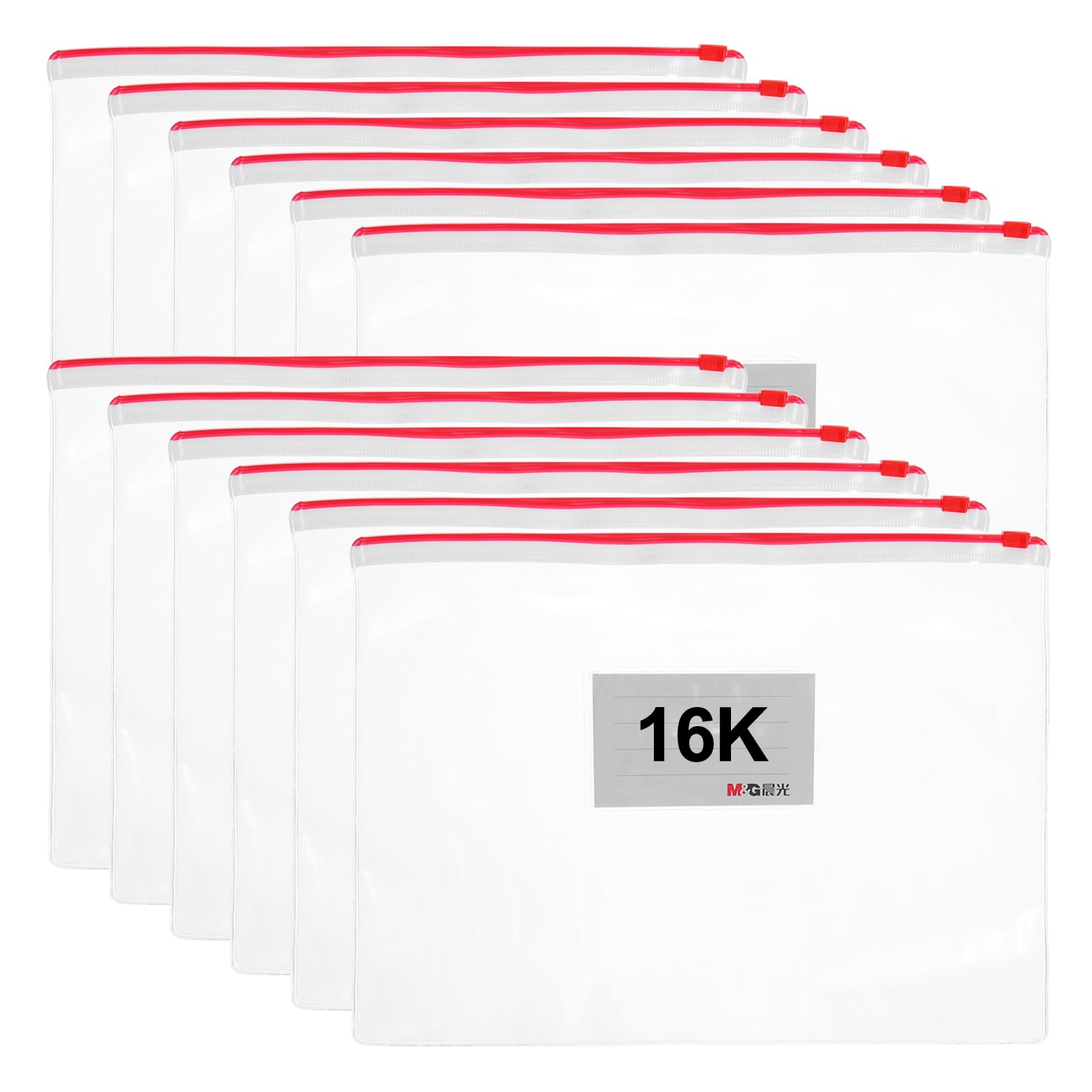 PATIKIL 12 Pack Poly Zip Envelope, 16K Plastic Zipper Pouches with Label Pocket Clear File Folders Reusable Pencil Bags for Home Office Supplies, Red