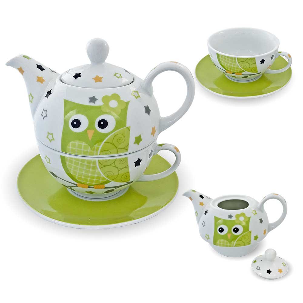 G. Wurm GmbH + Co. KG Porcelain Tea Set Tea for One Tea Set Teapot Cup with Saucer Green/White/Owl
