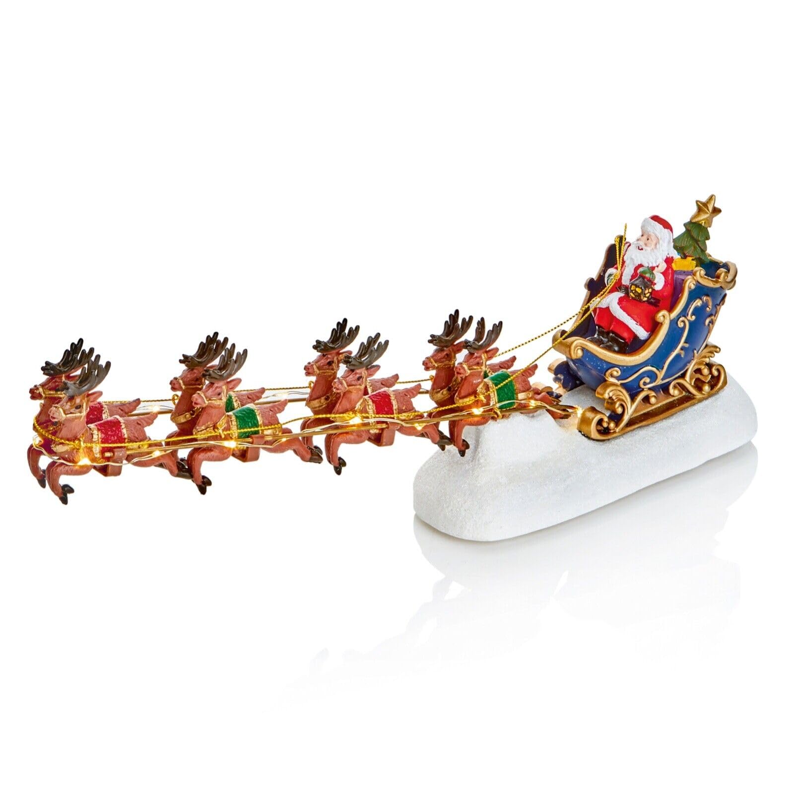 Flashing LED Light Up Santa & Sleigh with 8 Reindeer Figurine Ornament 34cm Long