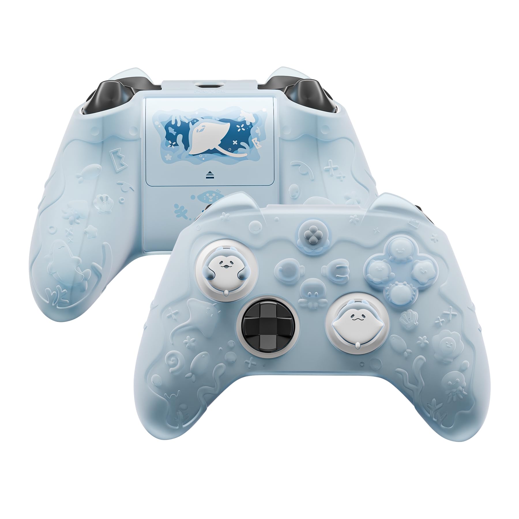PlayVital for Xbox Series X/S Controller Silicone Cover, Semi-Clear Cute Ocean Whisper Series Silicone Skin Grip for Xbox Core Wireless Controller w/Thumb Grip & Sticker, Full Protection - Mint Blue