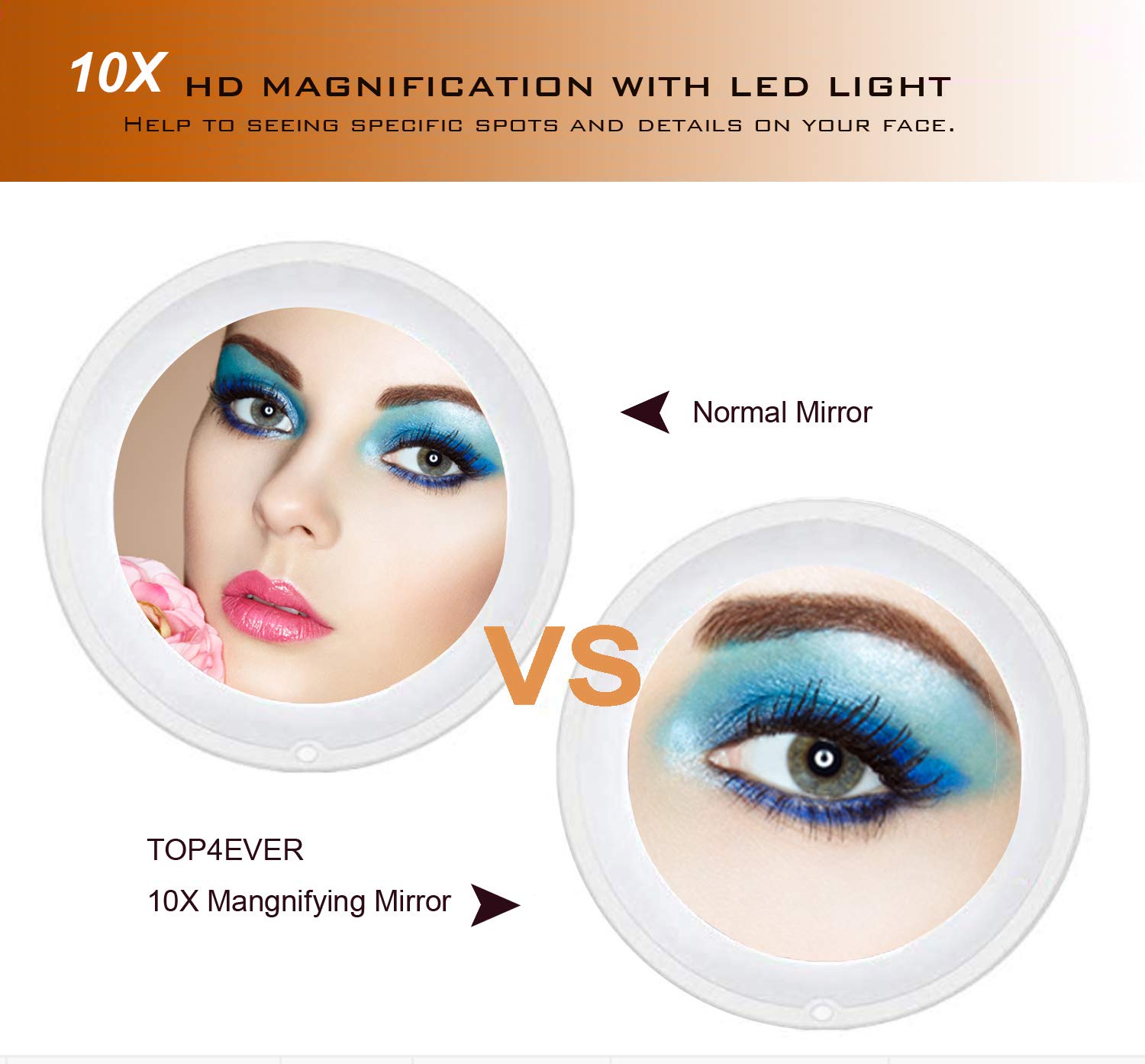 TOP4EVER Flexible Gooseneck LED Lighted 10X Magnifying Makeup Mirror，Power Locking Suction Cup with Dimmable Light and 360 Degree Swivel, Portable Cordless and Home Bathroom Vanity Mirror : Beauty