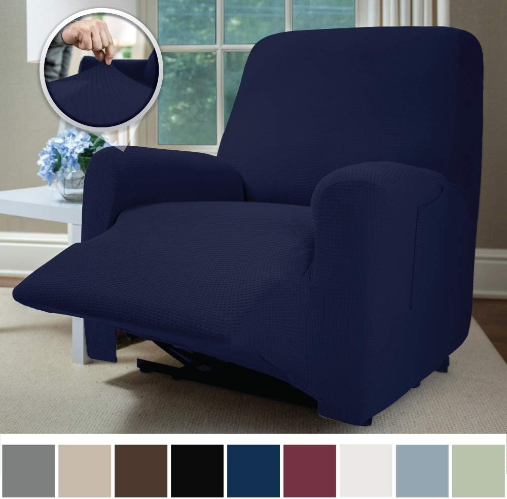 Sofa Shield Original Fitted 1 Piece Recliner Protector, Seat Width up to 28 Inch, Stretch Furniture Slipcover, Fastener Straps, Spandex Reclining Chair Slip Cover Throw for Pets, Recliner, Navy Blue